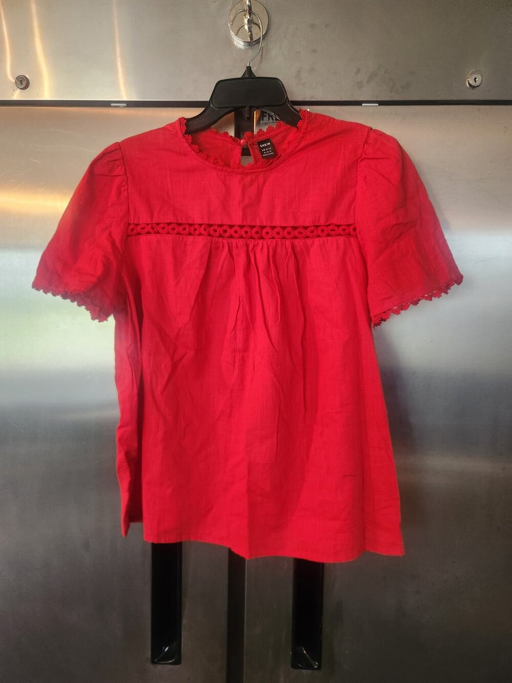 Shein Red Cotton Crochet Trim Babydoll Top Size XL